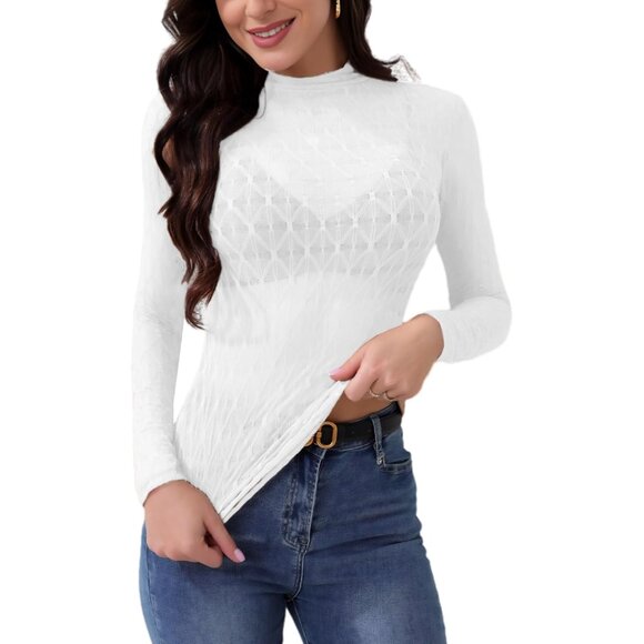 🆕 Women White Long Sleeve Mesh Top Lace Mock Neck See Through Fitted Sexy Out - Picture 5 of 7